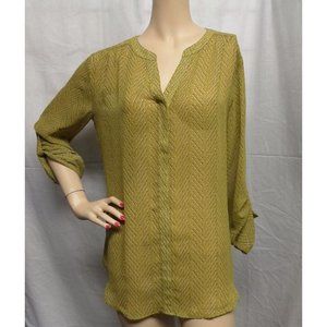 "LOFT" GREEN CHEVRON PRINT ROLLED UP SLEEVES BUTTON UP SHIRT BLOUSE SIZE: M NWT